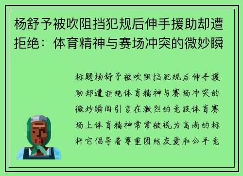 杨舒予被吹阻挡犯规后伸手援助却遭拒绝：体育精神与赛场冲突的微妙瞬间