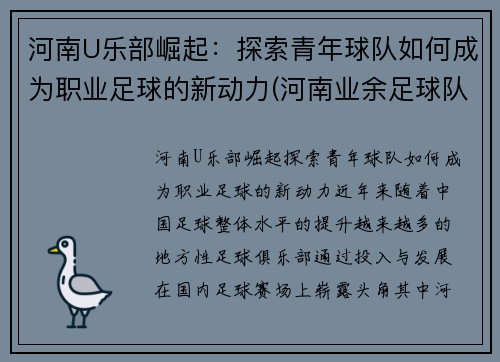 河南U乐部崛起：探索青年球队如何成为职业足球的新动力(河南业余足球队)