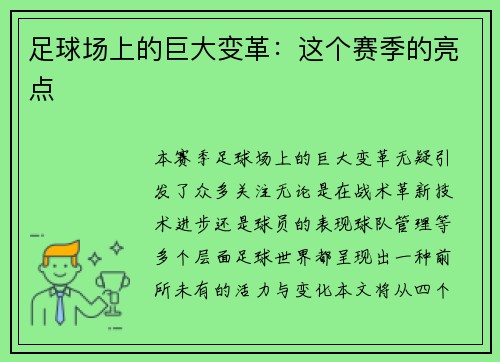 足球场上的巨大变革：这个赛季的亮点